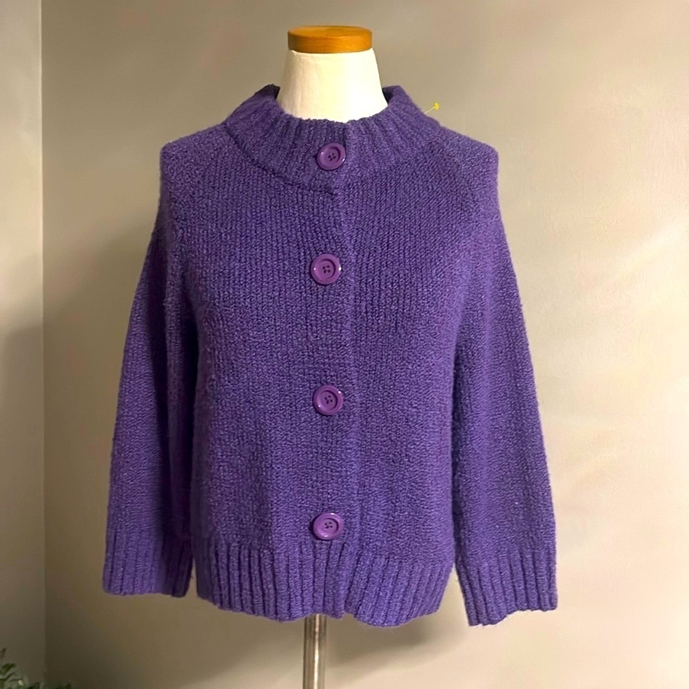 Evan Picone petites purple chunky cardigan sweater button up wool blend size MP